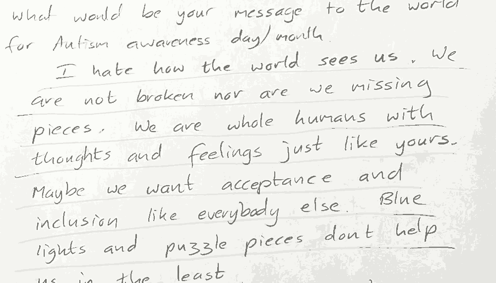 Handwritten text with the message contained in the article about autism awareness