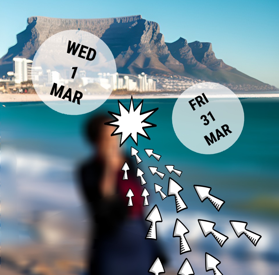 Blurred out woman on Muizebnerg beach with arrows and dates that make no specific sense